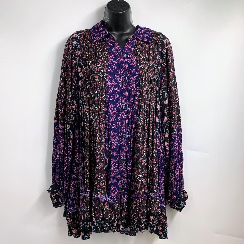 Free People Women's Lost In You Floral V Neck‎ Pleated Printed Tunic Size S